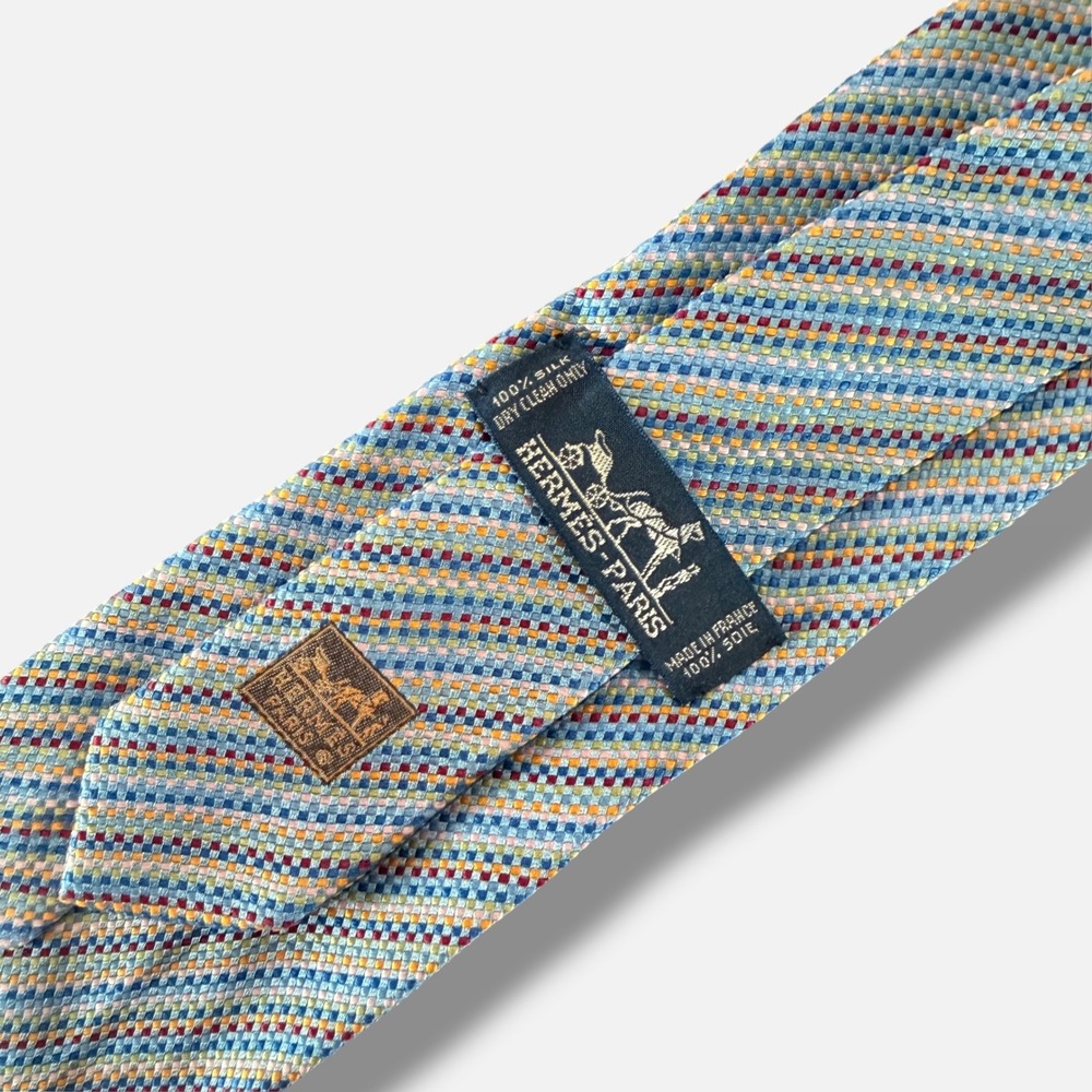 Hermes Silk Tie Mens OS Blue Multi Micro Check Striped 758789T Made in France